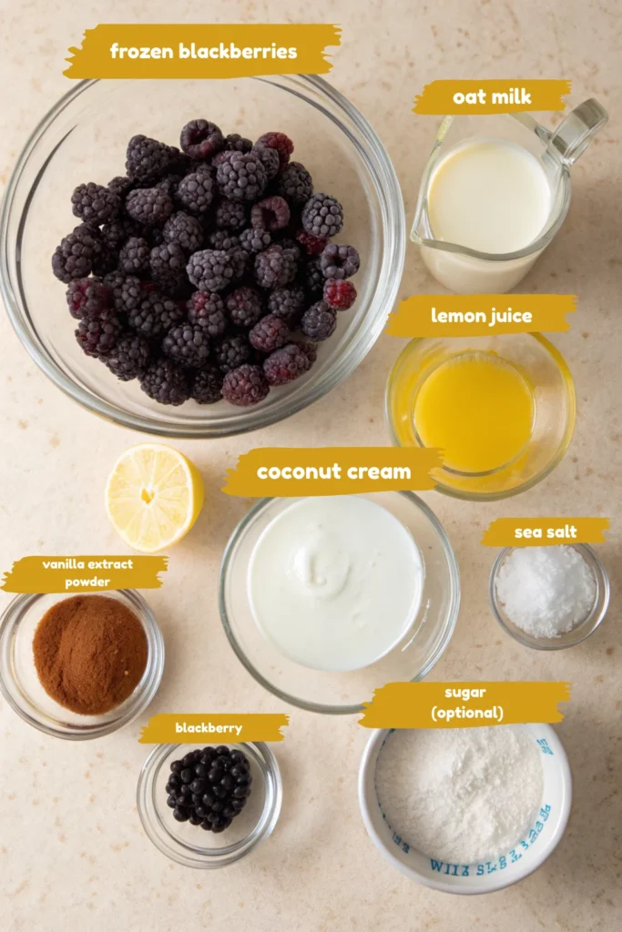 Vegan Blackberry Ice Cream 11 Vegan Blackberry Ice Cream ingredients arranged on a table