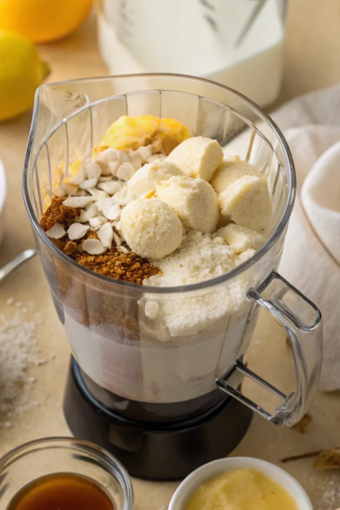 Vegan Blackberry Ice Cream 13 Blender filled with ingredients for Vegan Blackberry Ice Cream base