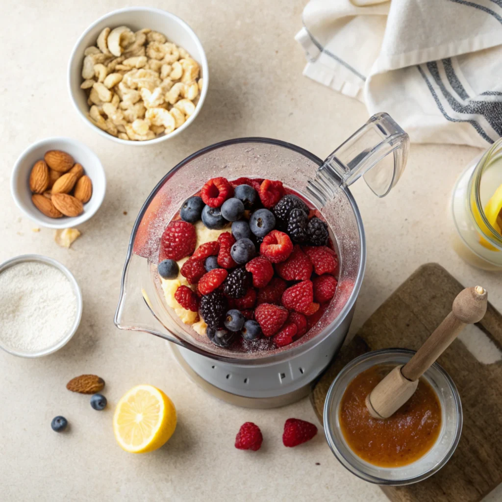 Vegan Berry Ice Cream 17 Blender filled with fresh berries and ingredients for Vegan Berry Ice Cream