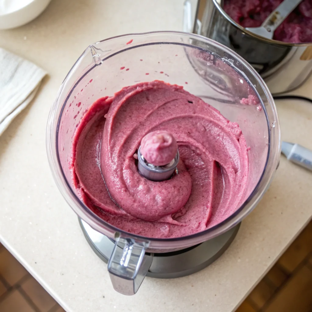 Vegan Berry Ice Cream 18 Smooth blended Vegan Berry Ice Cream mixture in a food processor