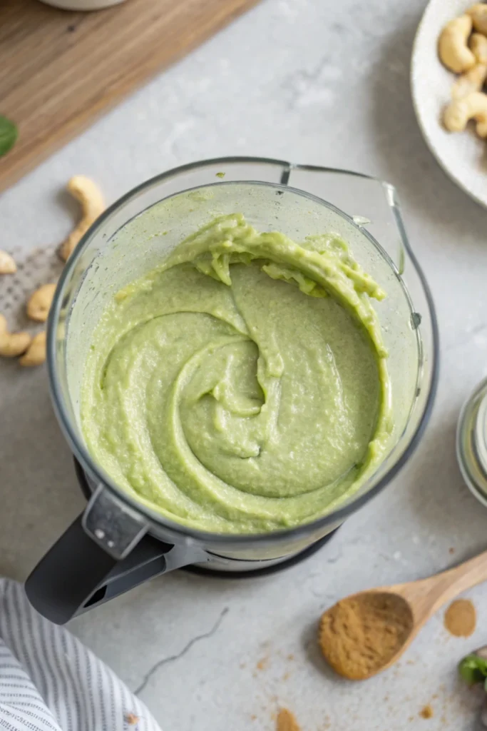 Raw Vegan Matcha Cheesecake Recipe 21 Blended matcha cashew filling in blender for vegan cheesecake