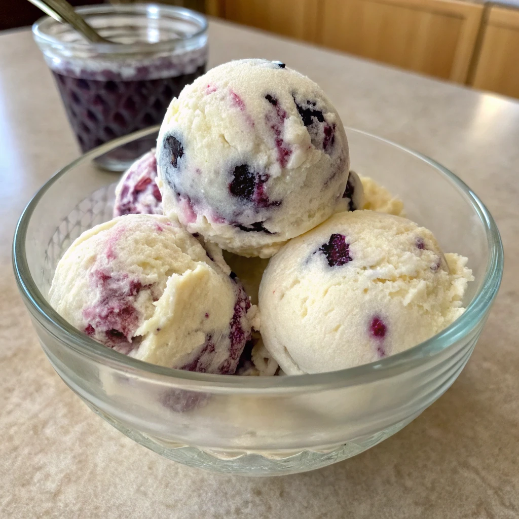 Vegan Berry Ice Cream 24 Scoops of Vegan Blueberry Vanilla Ice Cream in a glass bowl