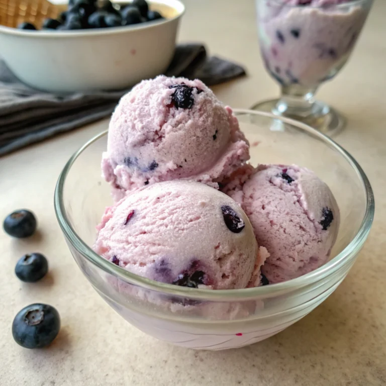 Blueberry vegan ice cream scoops in a glass bowl with whole blueberries