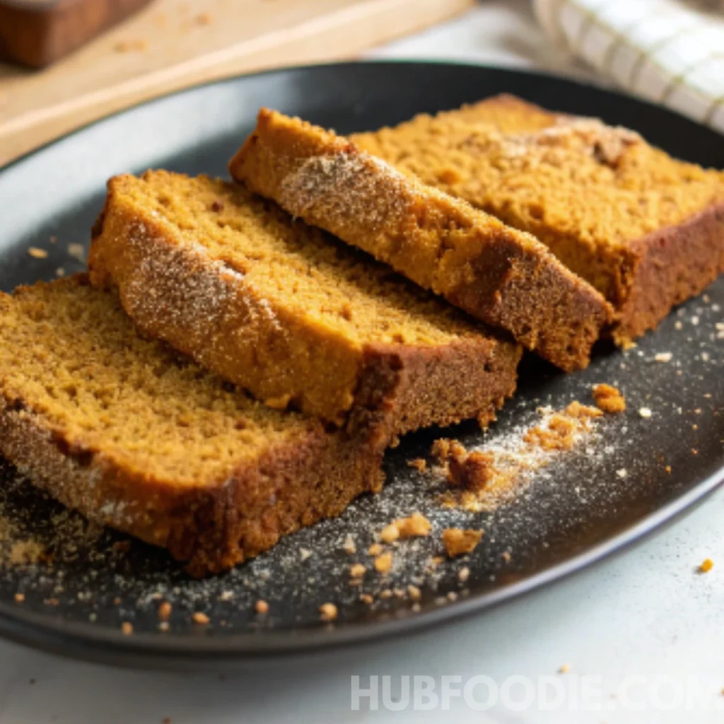 lemon squash bread recipe 37 Slices of butternut squash bread on a black plate with scattered crumbs.