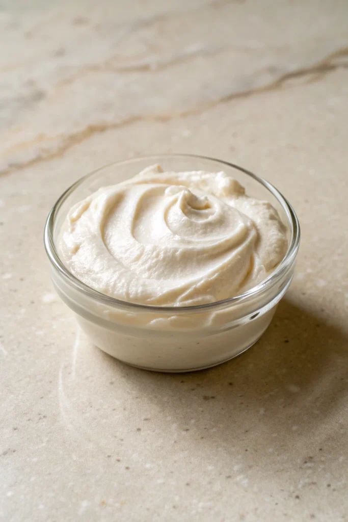 Rocky Road Vegan Ice Cream 14 Small glass bowl filled with smooth, thick cashew cream on a beige surface