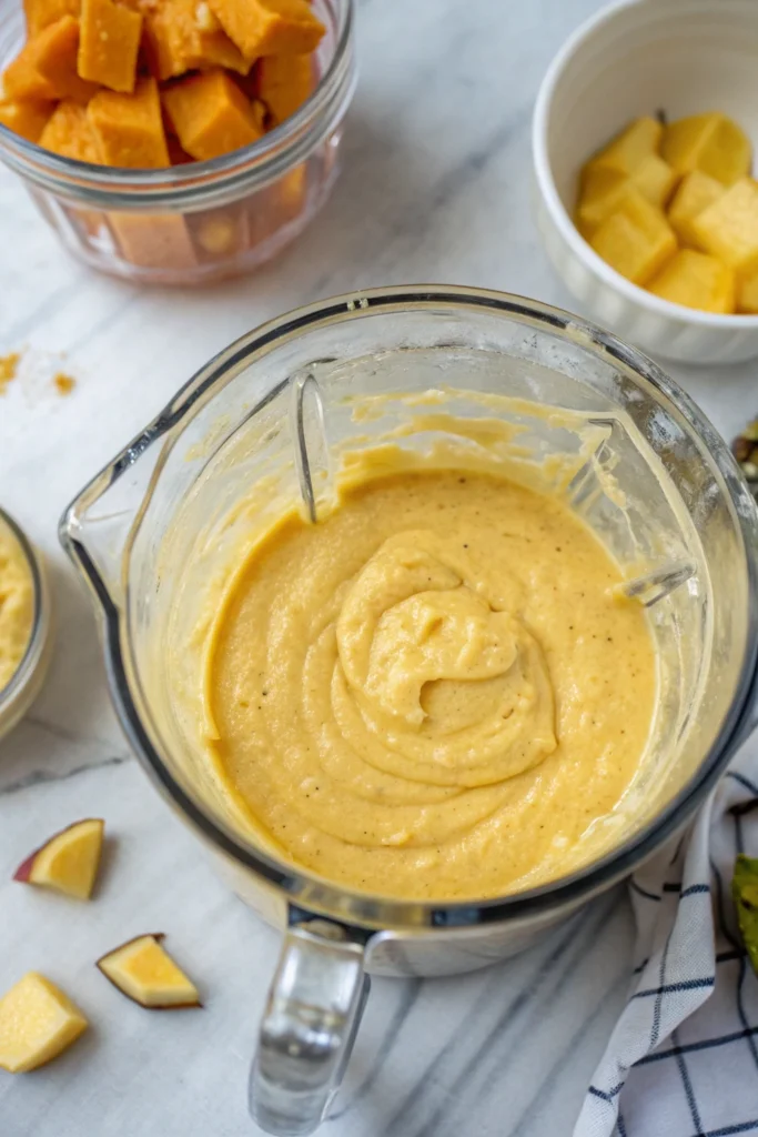 Raw Mango Cheesecake 11 Cashew mango cheesecake filling in a blender