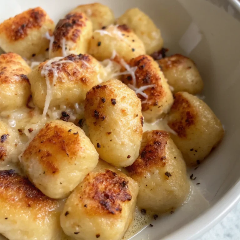 Golden pan-seared gnocchi topped with melted cheese and black pepper.