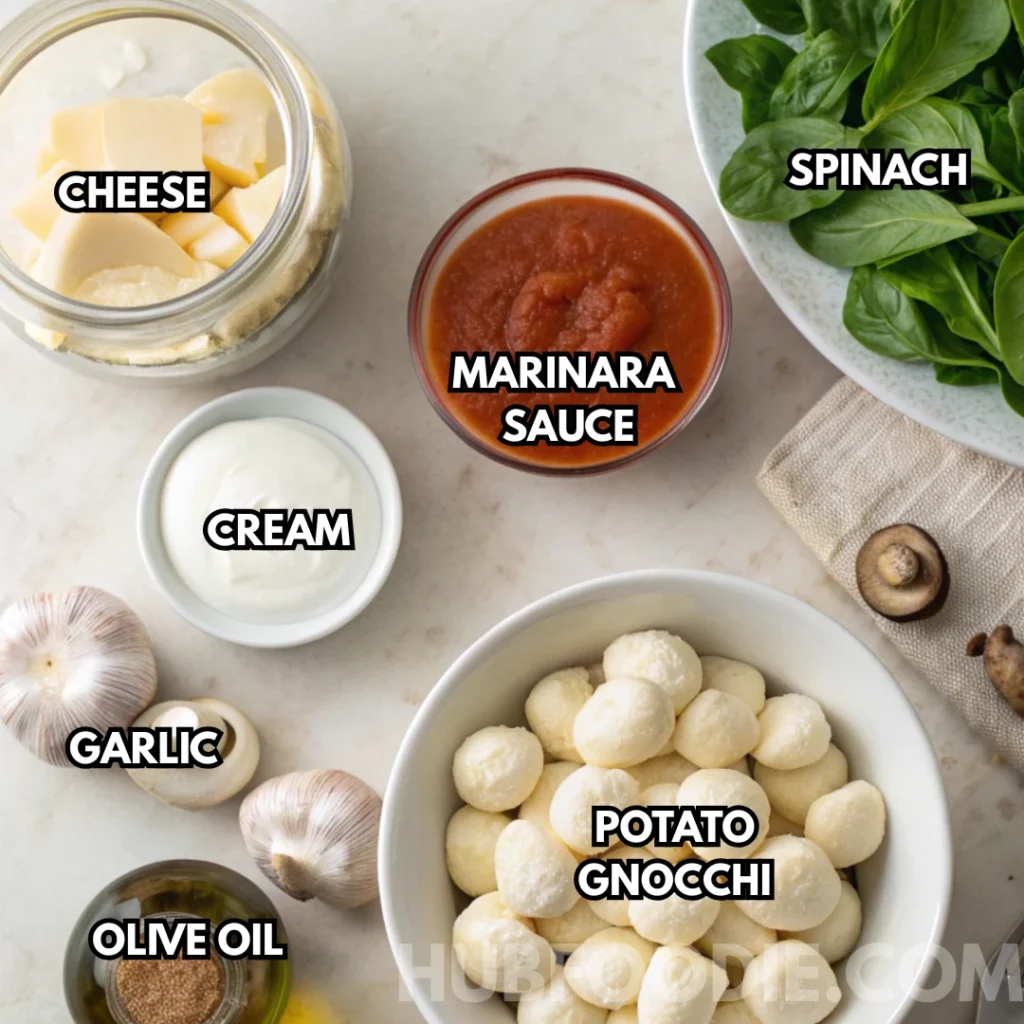 Cheesy Gnocchi Recipe 18 Labeled ingredients for cheesy gnocchi recipe: potato gnocchi, cheese, marinara sauce, spinach, cream, garlic, and olive oil.