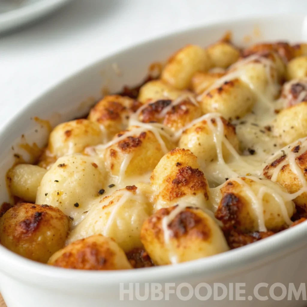 Cheesy Gnocchi Recipe 17 Baked cheesy gnocchi in a white dish with golden tops and melted shredded cheese.