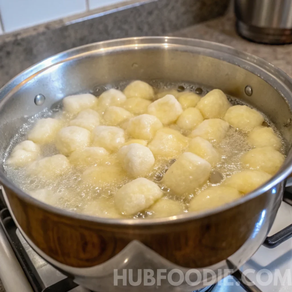 Cheesy Gnocchi Recipe 19 Potato gnocchi boiling in a stainless steel pot on the stove.