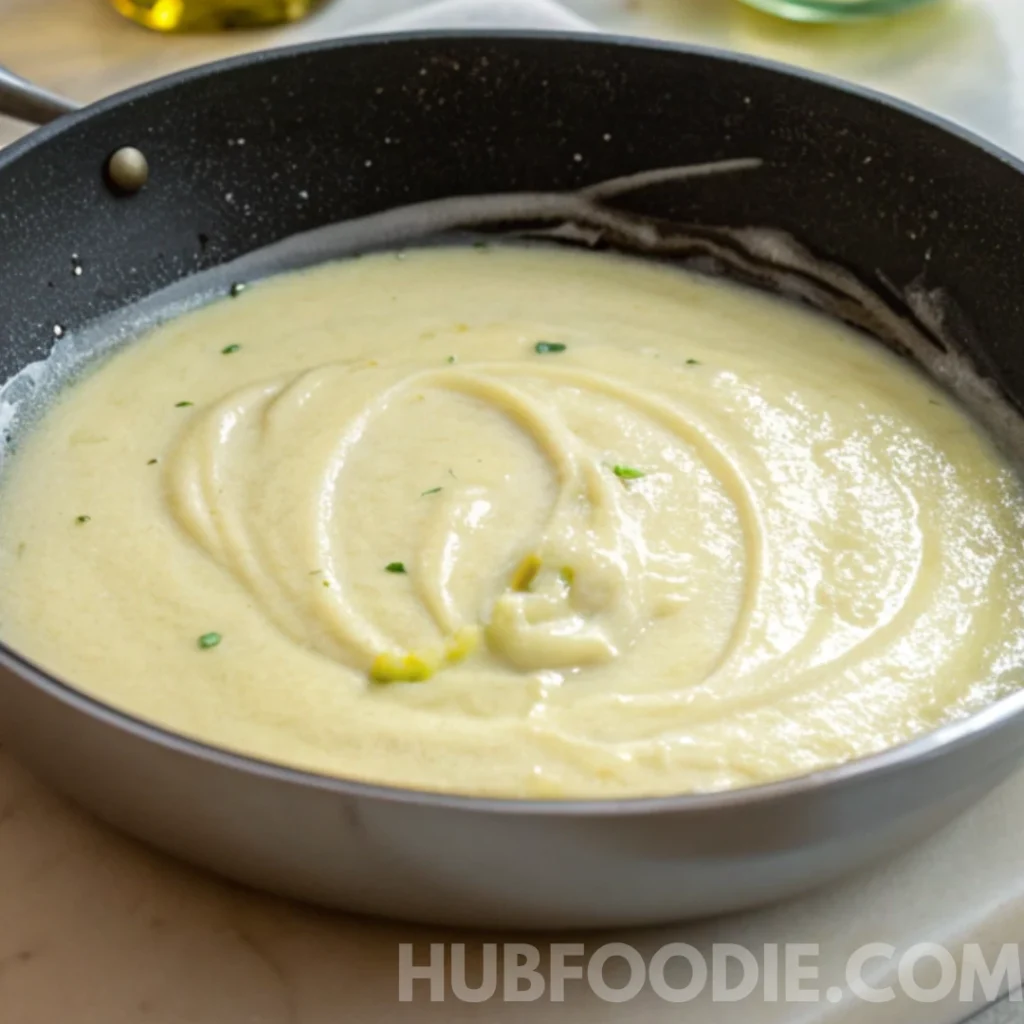 Cheesy Gnocchi Recipe 20 Creamy cheese sauce simmering in a skillet with light herbs.