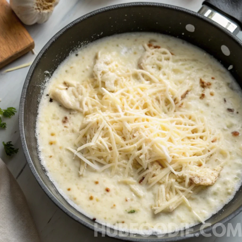 Cheesy Gnocchi Recipe 21 Shredded cheese added to a bubbling cream sauce in a skillet.