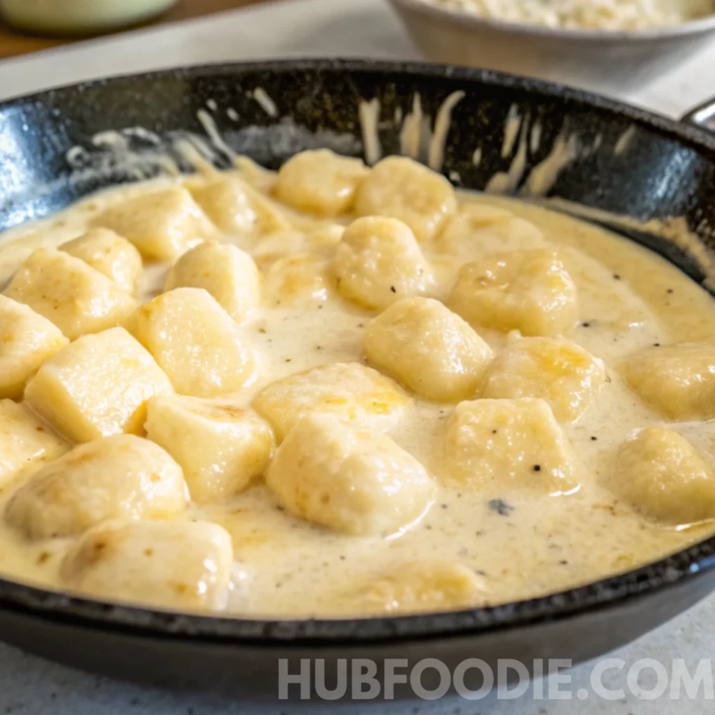 Cheesy Gnocchi Recipe 22 Gnocchi simmering in a creamy cheese sauce in a skillet.