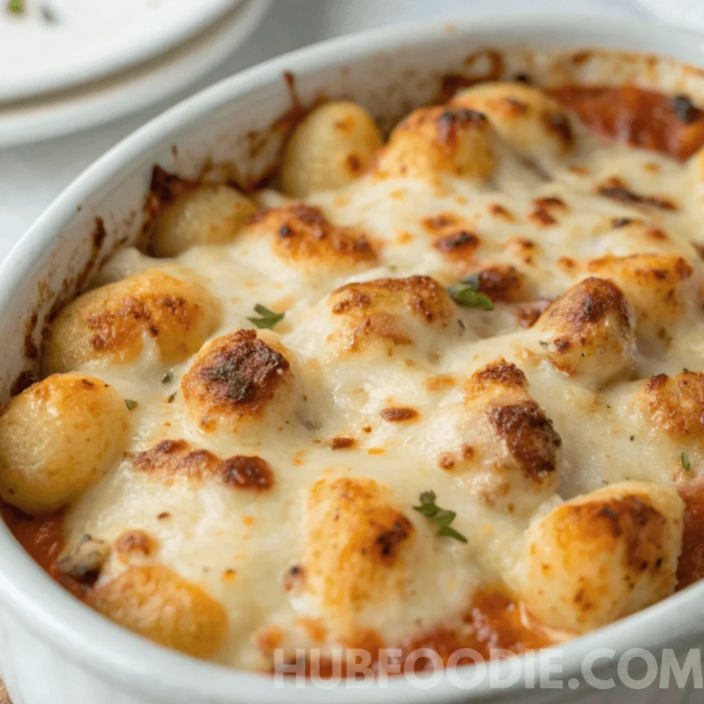Cheesy Gnocchi Recipe 23 Golden-baked gnocchi topped with melted, bubbly cheese in a white baking dish.