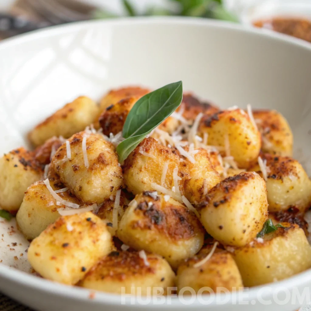 Cheesy Gnocchi Recipe 24 Crispy golden gnocchi served in a bowl with grated cheese and a basil garnish.