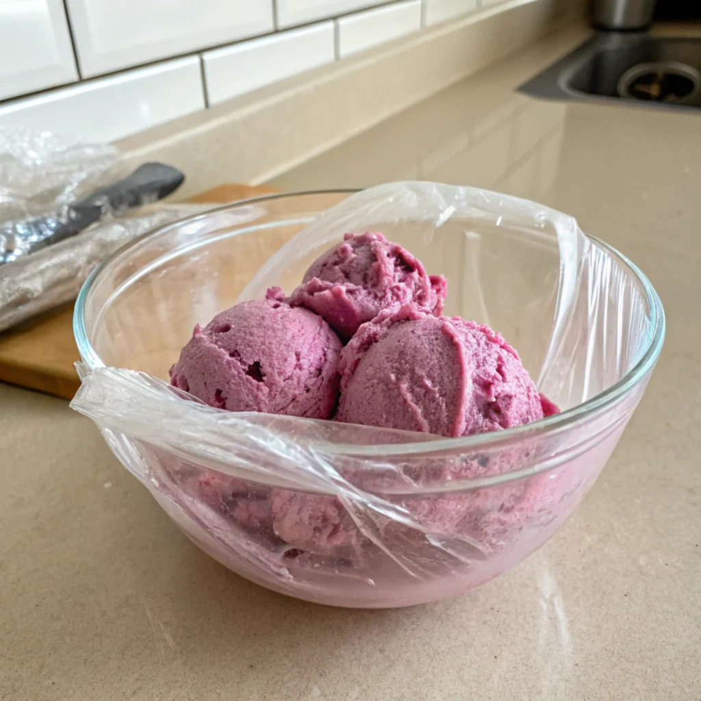 Vegan Berry Ice Cream 19 Scoops of Vegan Berry Ice Cream in a glass bowl covered with plastic wrap