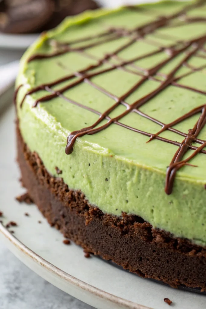 Green Velvet Cheesecake Recipe 23 Green velvet cheesecake with chocolate drizzle on top