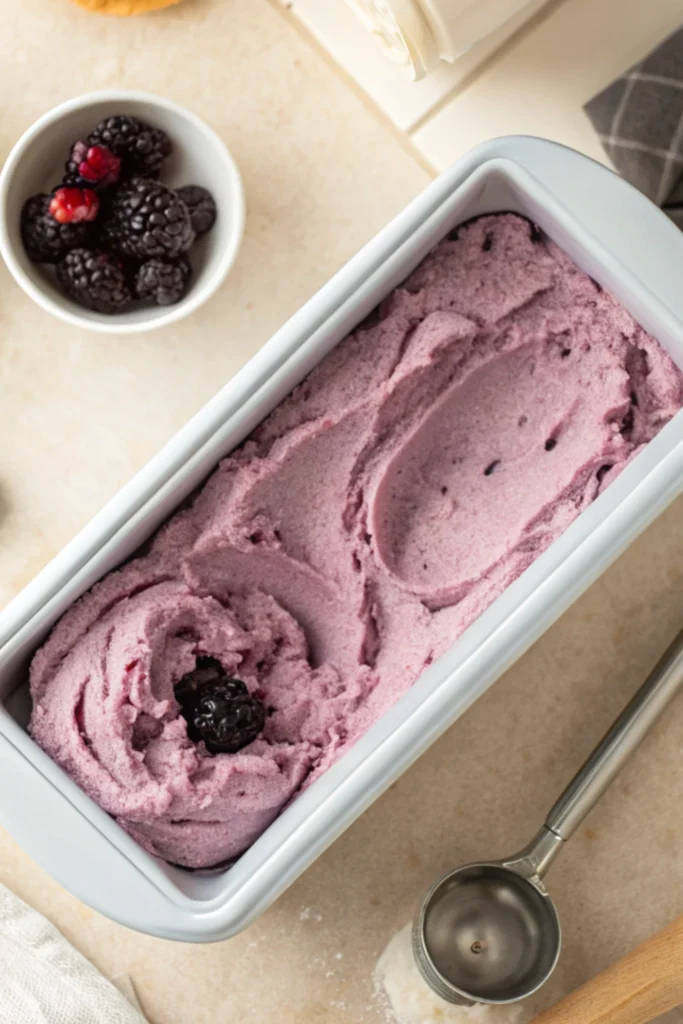 Vegan Blackberry Ice Cream 15 Churned Vegan Blackberry Ice Cream in a container with scoop