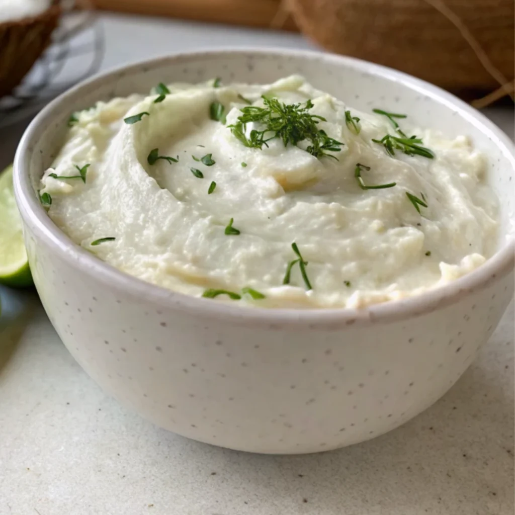 Watermelon Fries with Coconut Lime Dip 11 Creamy coconut lime dip garnished with fresh herbs in a bowl