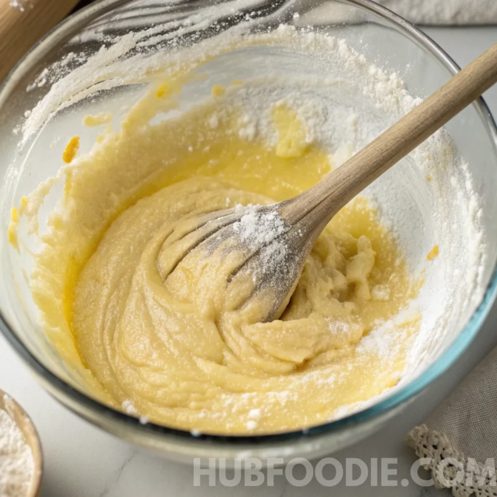 Squash Bread Recipe 21 Wooden spoon mixing thick batter in a glass bowl for squash bread.
