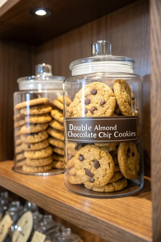 Double Almond Chocolate Chip Cookies 11 Double almond chocolate chip cookies stored in a labeled glass jar on a wooden shelf.