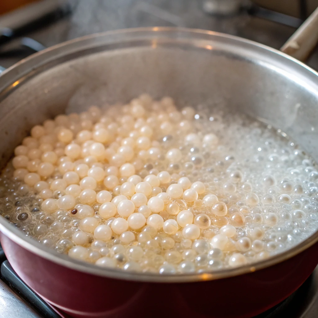 Mango Sago Dessert 12 Boiling sago pearls in a pot as the first step in preparing Mango Sago Dessert.