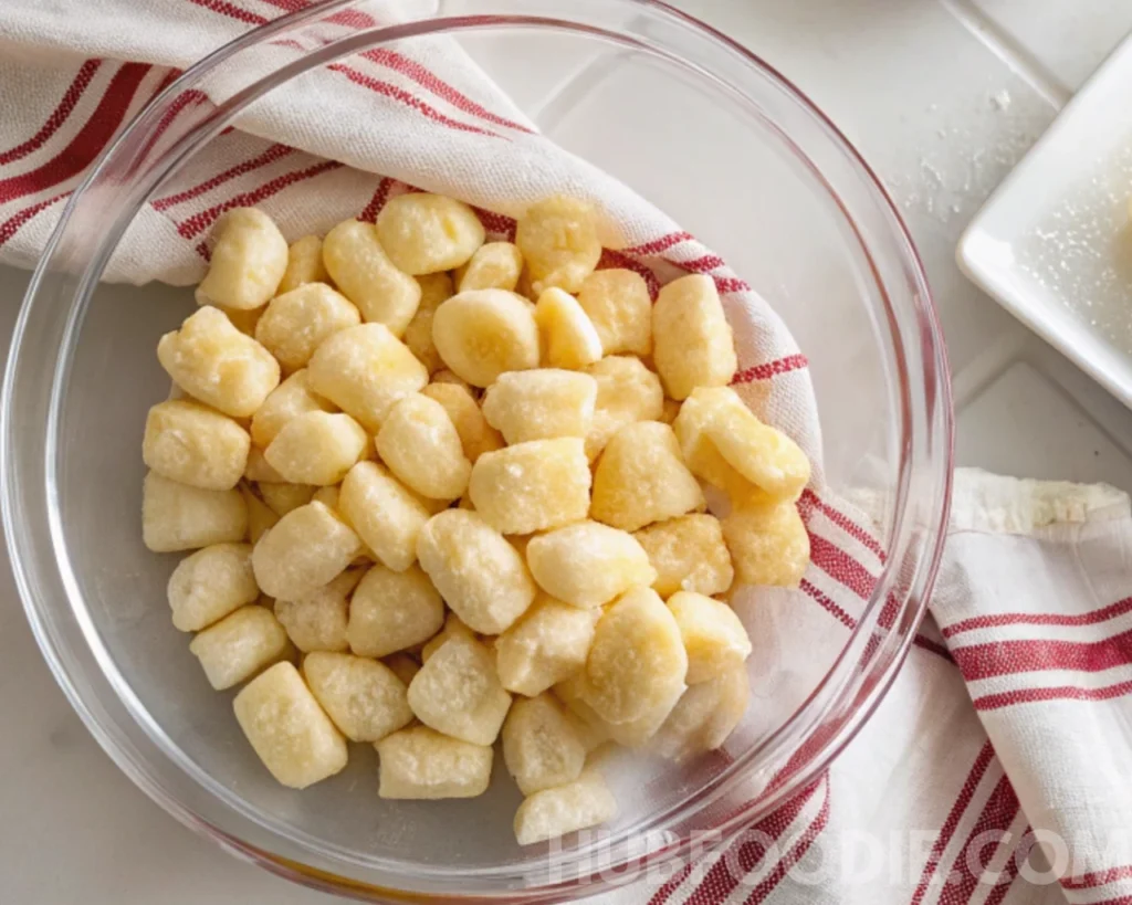 Gnocchi Pasta Salad 53 Uncooked gnocchi in a glass bowl placed on a red-striped kitchen towel.