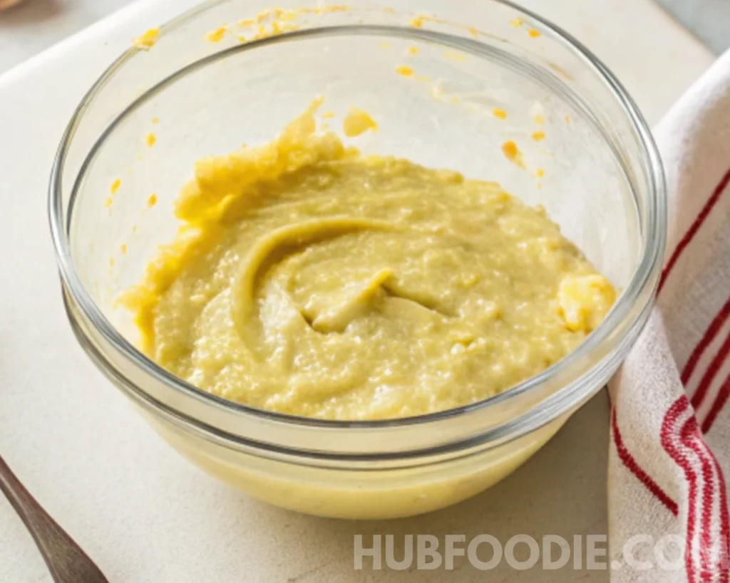 Gnocchi Pasta Salad 54 Glass bowl filled with creamy mustard and mayo-based dressing.