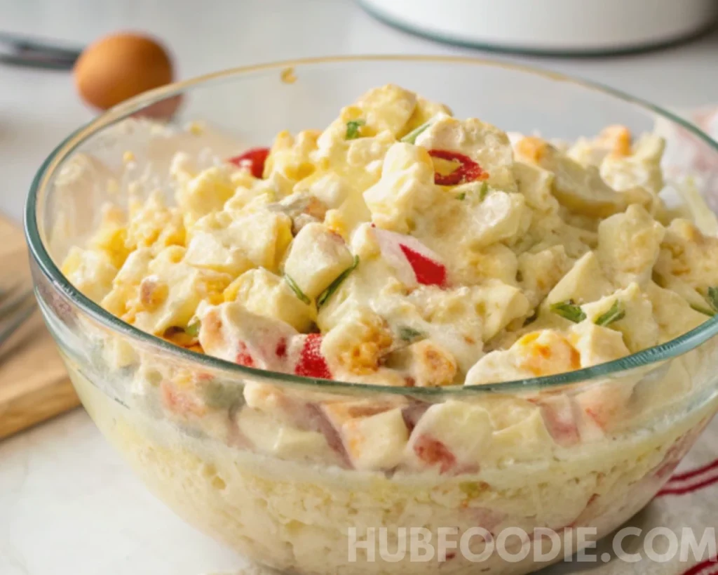 Gnocchi Pasta Salad 55 Creamy gnocchi salad with chopped vegetables mixed in a glass bowl.