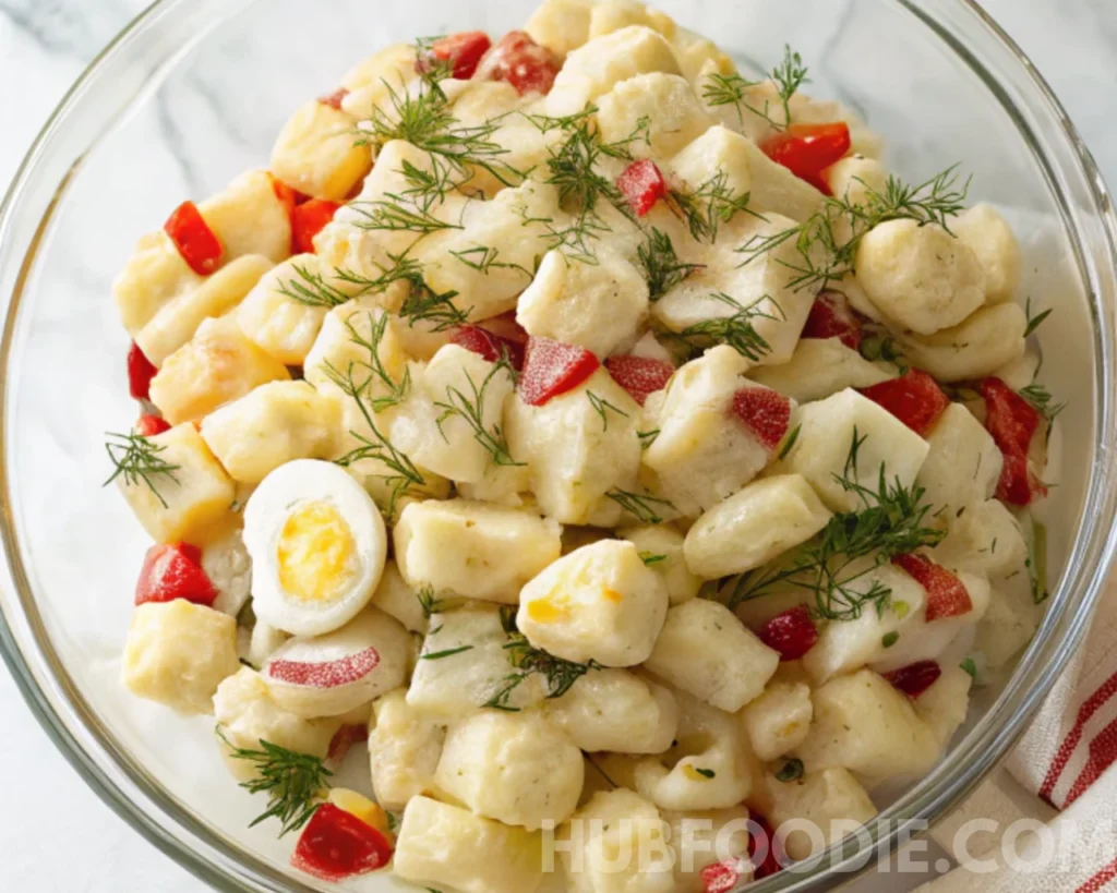 Gnocchi Pasta Salad 56 Creamy gnocchi salad in a bowl with red peppers, dill, and sliced boiled egg.