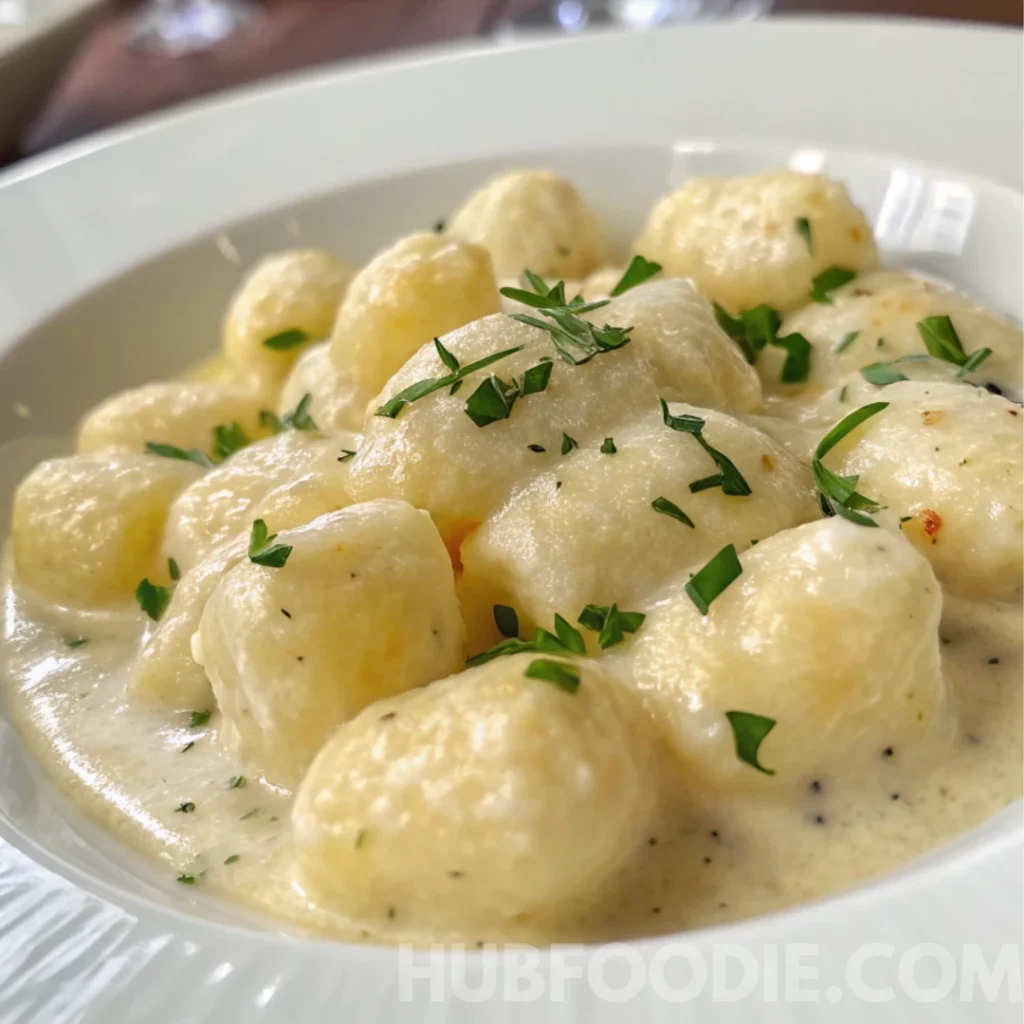 Gnocchi Noodles Recipe 15 Creamy gnocchi feta in a white sauce garnished with herbs.