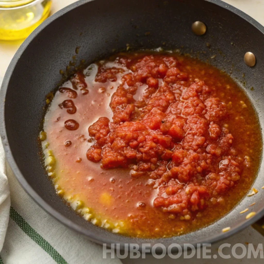 Gnocchi and Pasta Sauce Recipe 28 Tomato sauce cooking in a black skillet with olive oil and garlic visible around the edges.