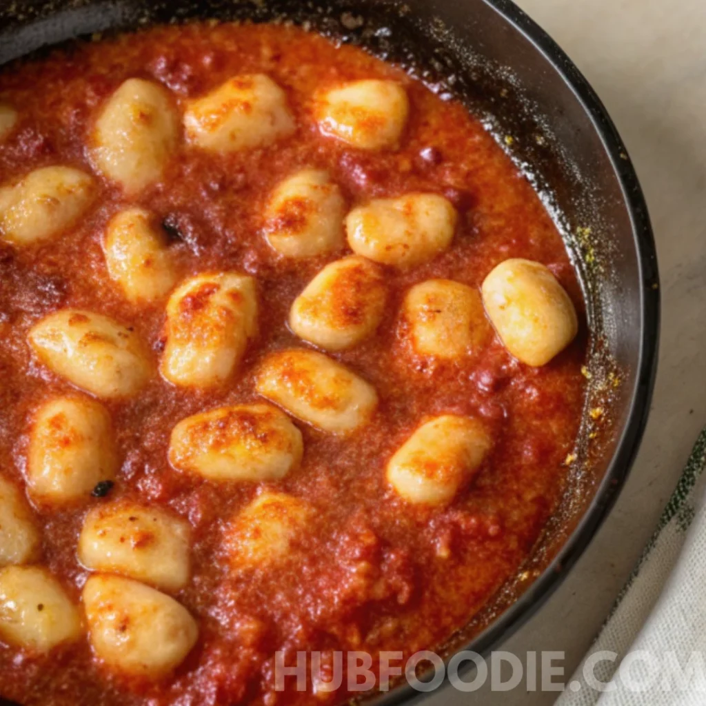 Gnocchi and Pasta Sauce Recipe 29 Gnocchi simmering in a rich, creamy tomato sauce in a black skillet.