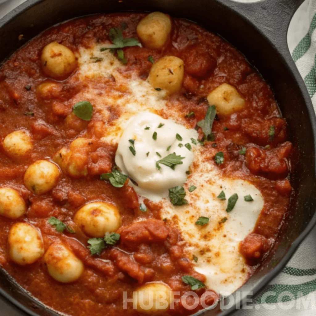 Gnocchi and Pasta Sauce Recipe 30 Creamy tomato gnocchi in a skillet with melted cheese and a dollop of cream garnished with herbs.
