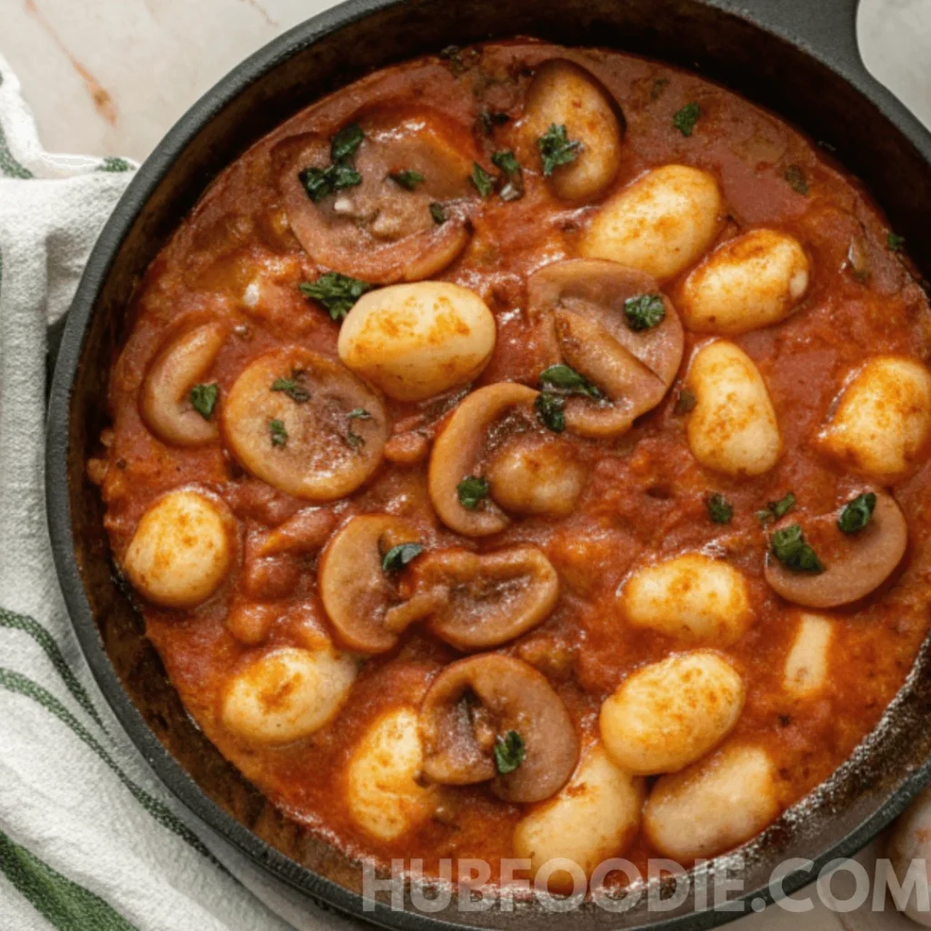 Gnocchi and Pasta Sauce Recipe 31 Creamy tomato gnocchi with sliced mushrooms and herbs in a black skillet.