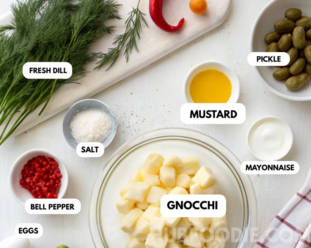 Gnocchi Pasta Salad 52 Labeled ingredients for creamy gnocchi salad with dill, pickles, bell pepper, mustard, and mayonnaise.