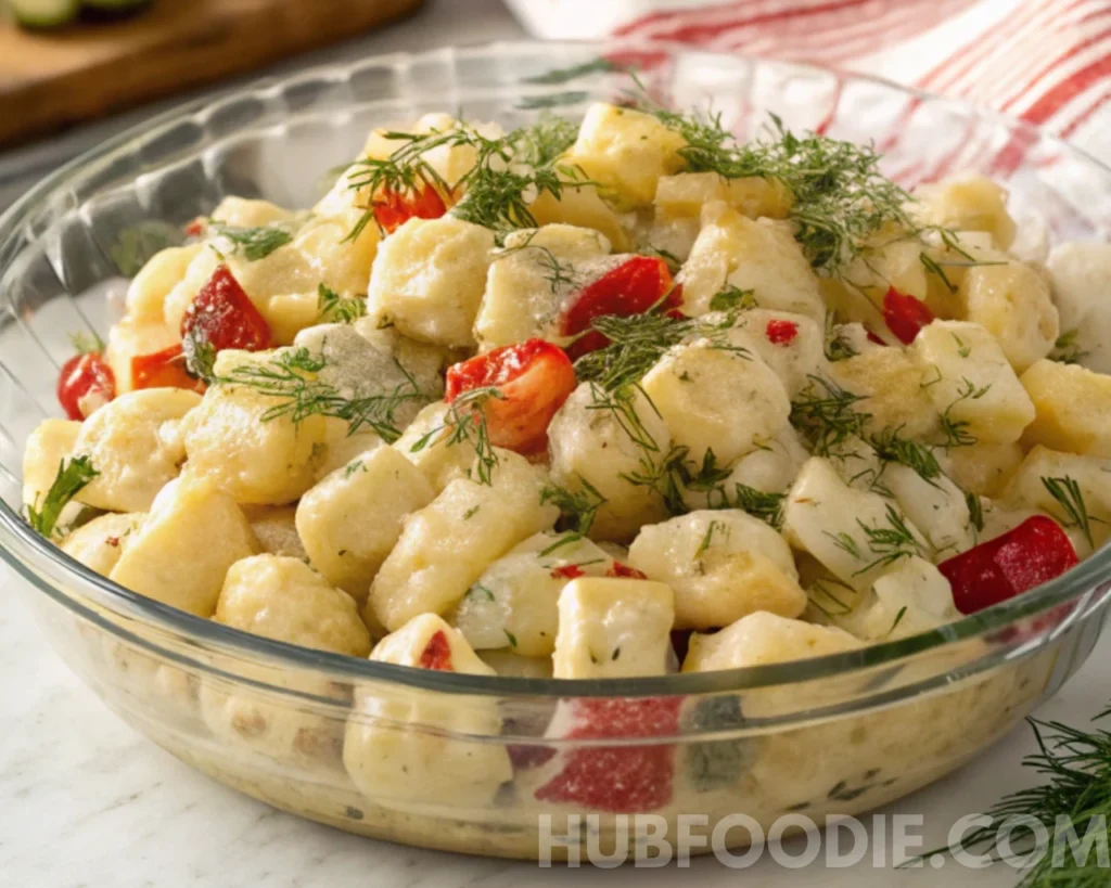 Gnocchi Pasta Salad 51 Creamy gnocchi salad with red bell peppers and fresh dill in a glass bowl.