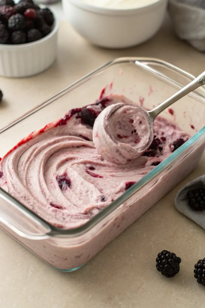 Vegan Blackberry Ice Cream 16 Creating blackberry swirls in Vegan Blackberry Ice Cream before freezing