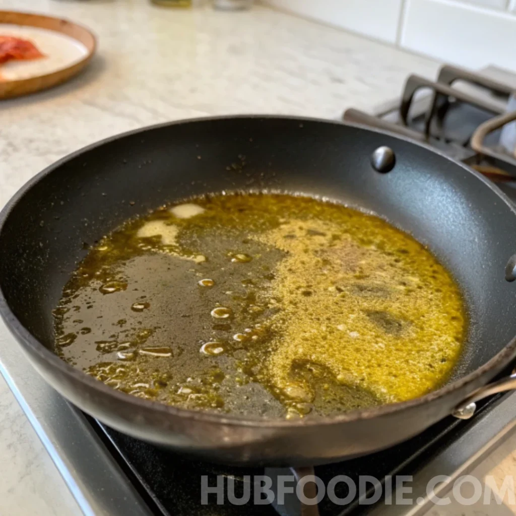 Pan with hot oil for cooking crispy gnocchi on a stovetop.