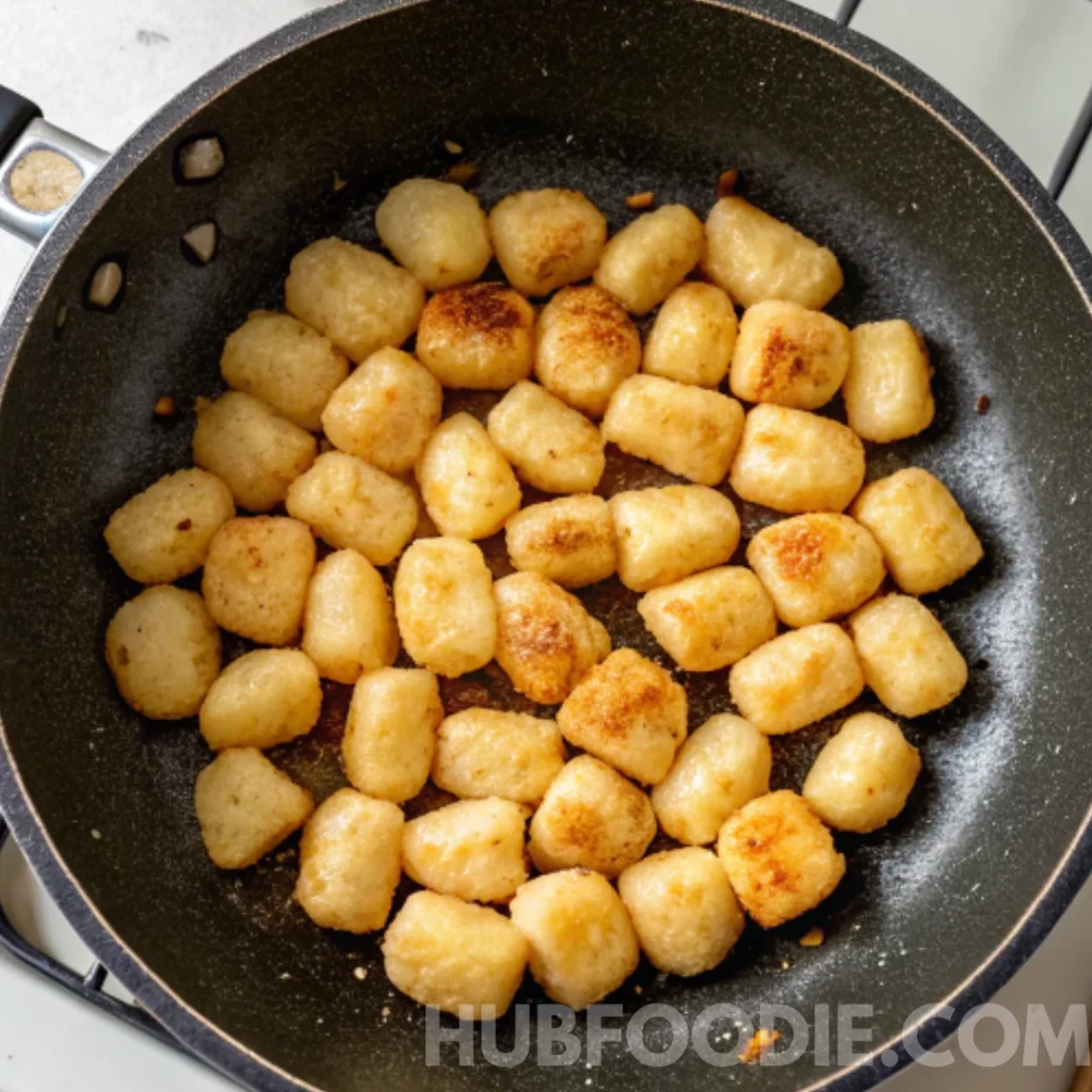 Crispy gnocchi sizzling in a frying pan, golden brown on the surface.