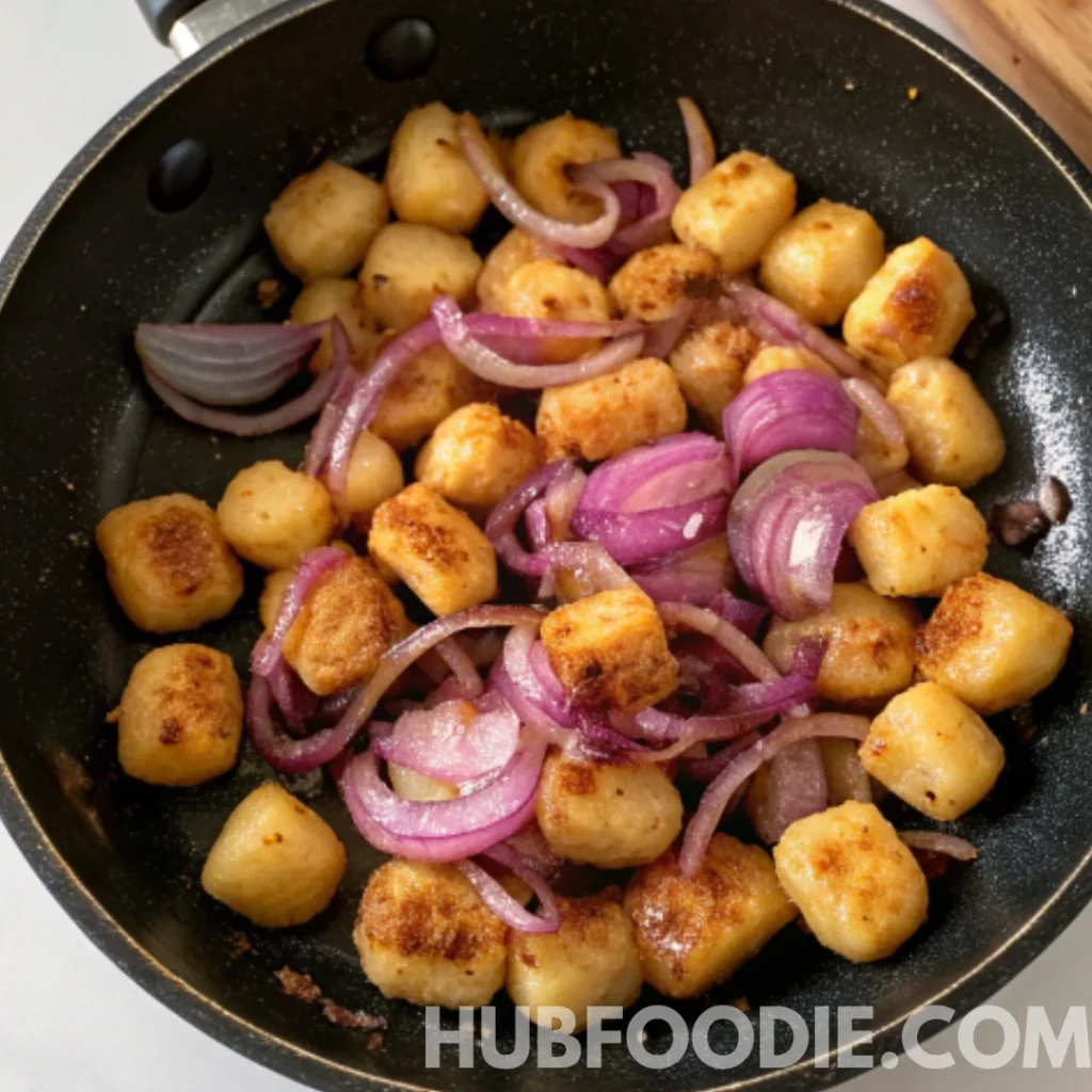Crispy gnocchi in a pan with sautéed red onion slices.