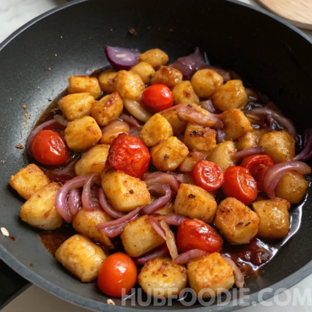 Crispy gnocchi tossed with red onions and cherry tomatoes in a skillet.