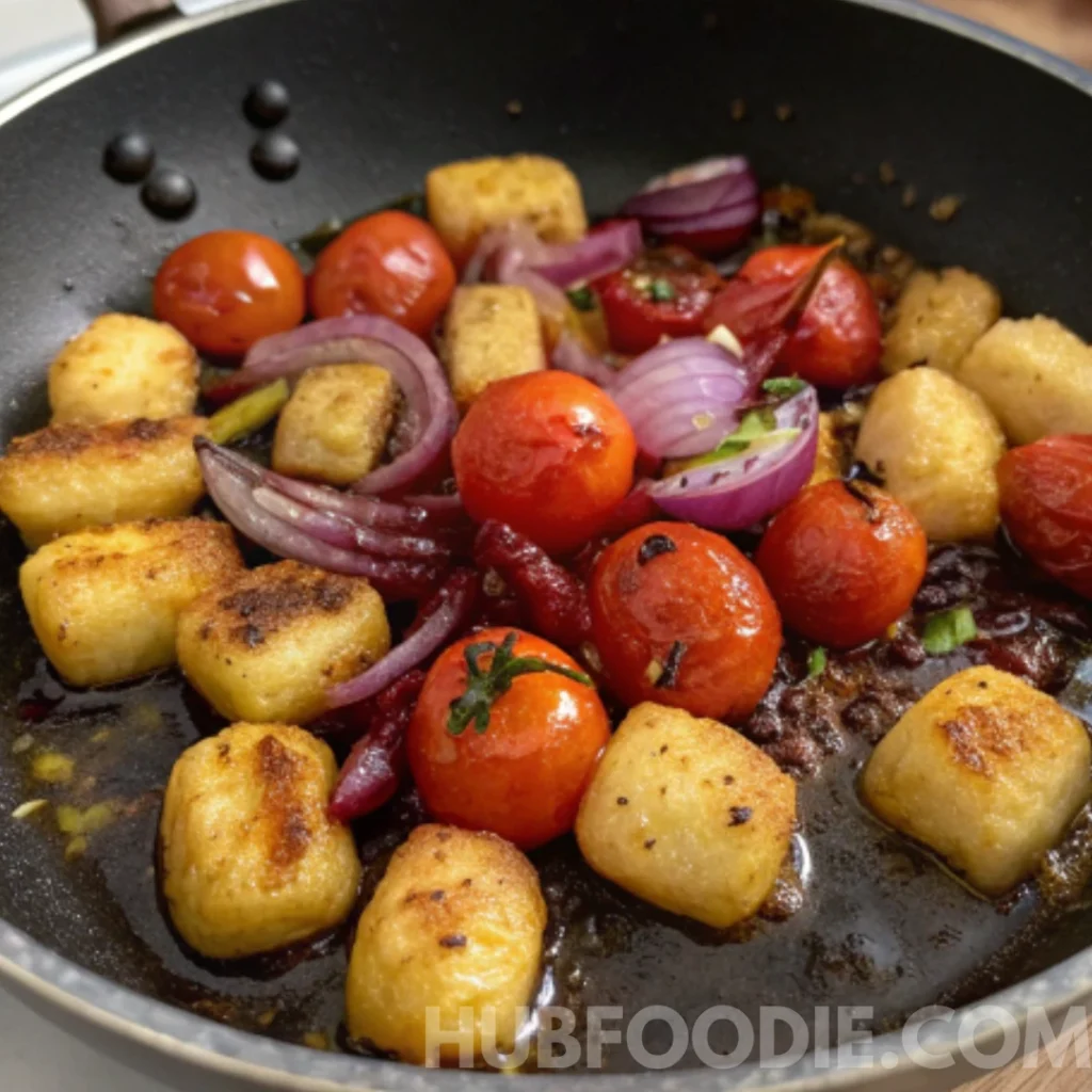 Crispy gnocchi with cherry tomatoes and red onions being deglazed with vinegar in a skillet.