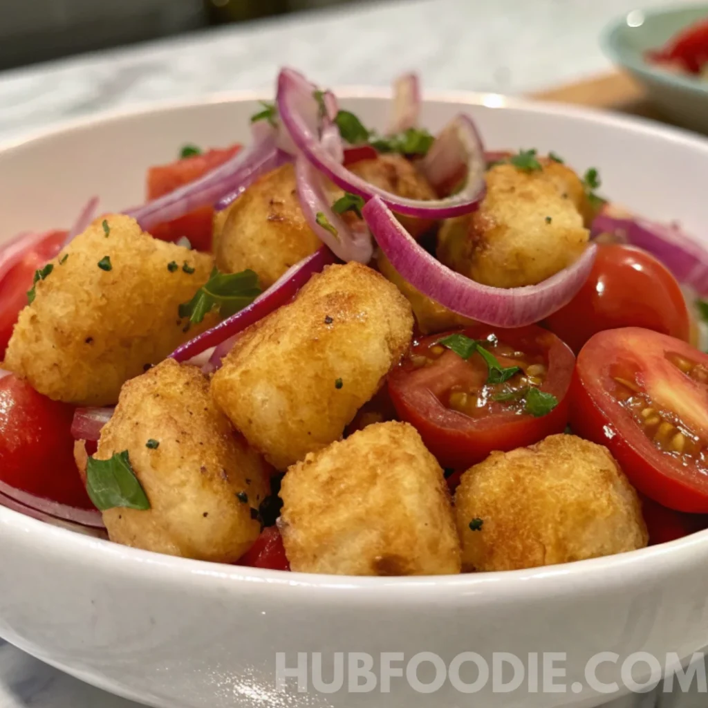 Crispy gnocchi served with cherry tomatoes and red onion slices in a white bowl.