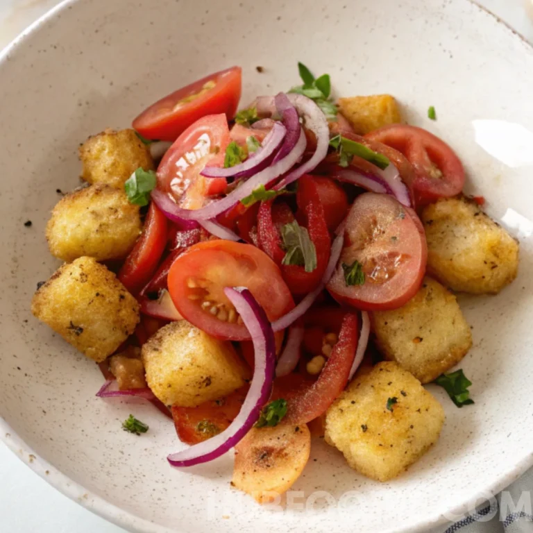 Crispy gnocchi with tomato and red onion salad garnished with herbs.