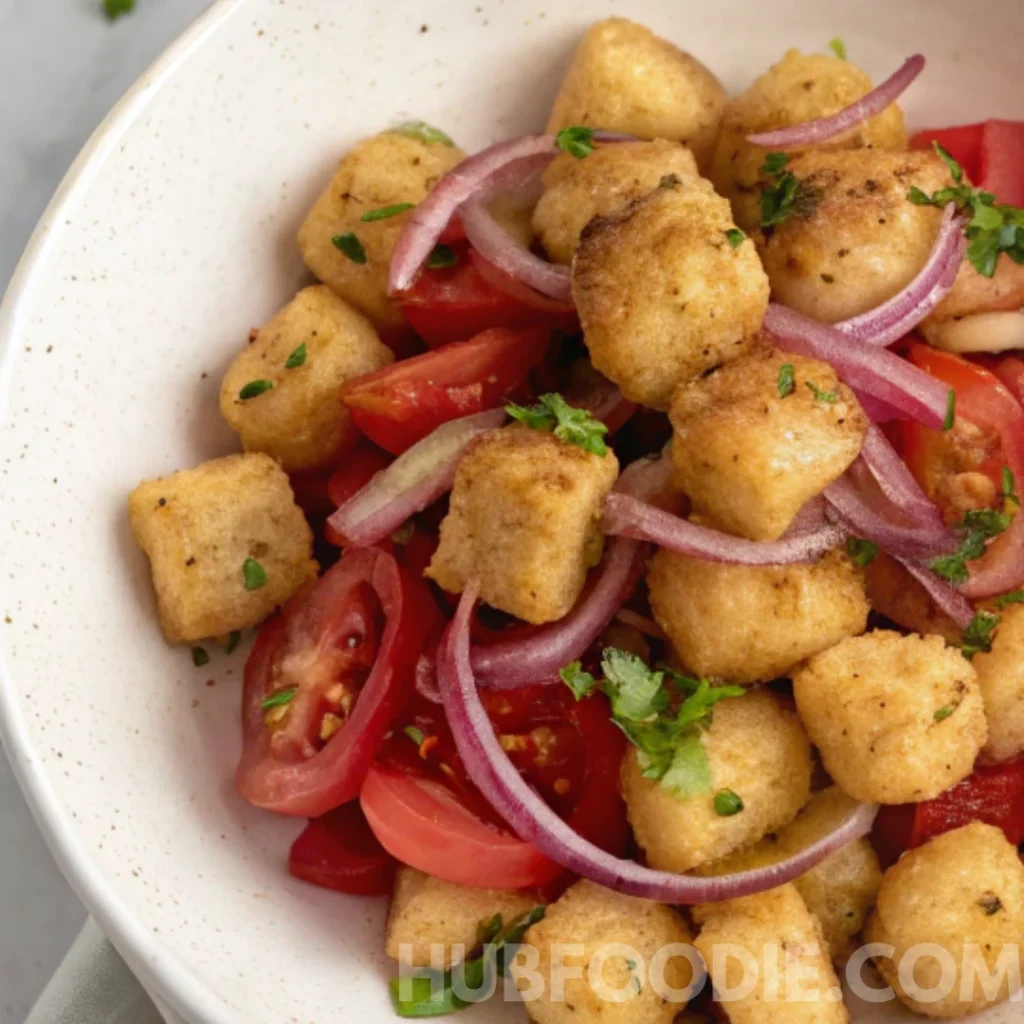 Top view of crispy gnocchi with tomato and red onion, garnished with parsley.