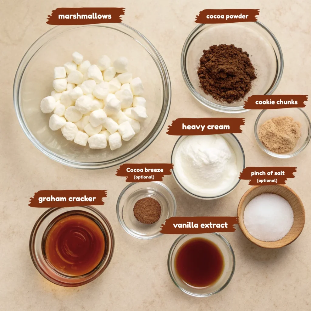 Dairy Free Rocky Road Ice Cream 12 Ingredients for dairy-free rocky road ice cream laid out in bowls