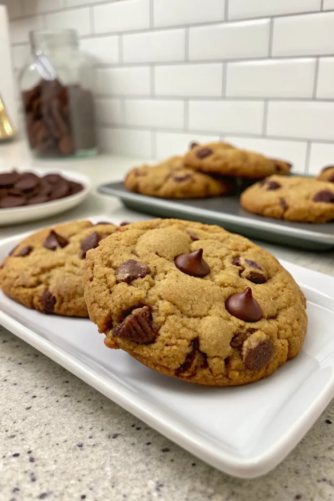 Double Almond Chocolate Chip Cookies 7 Double almond chocolate chip cookies on a white plate with more cookies on a baking tray in the background.