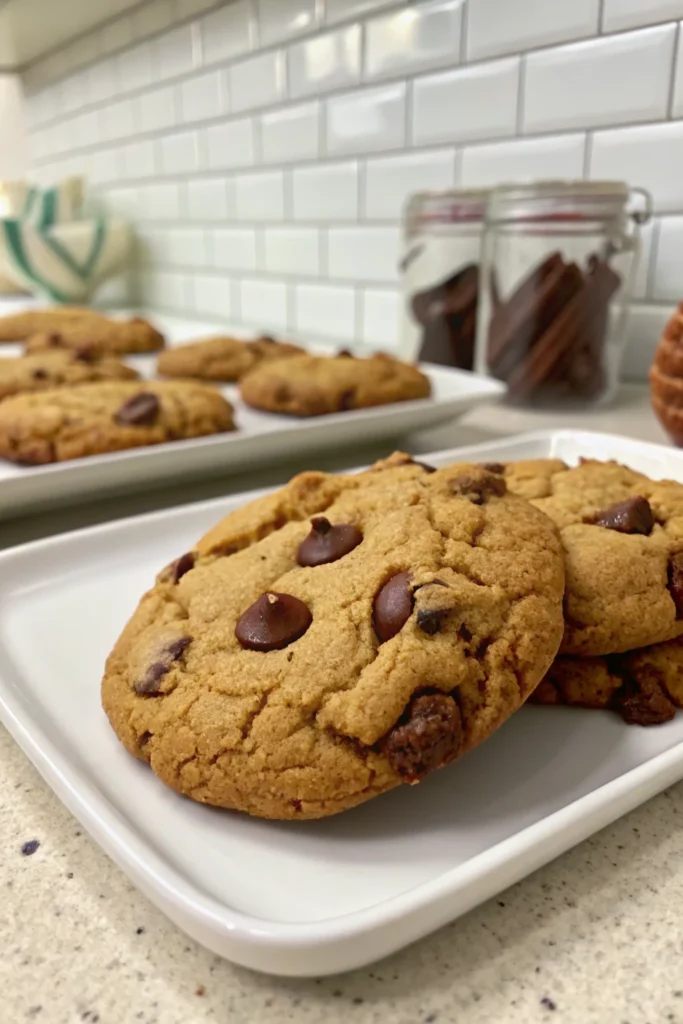 Double Almond Chocolate Chip Cookies 9 Close-up of double almond chocolate chip cookies on a white plate with more cookies in the background.