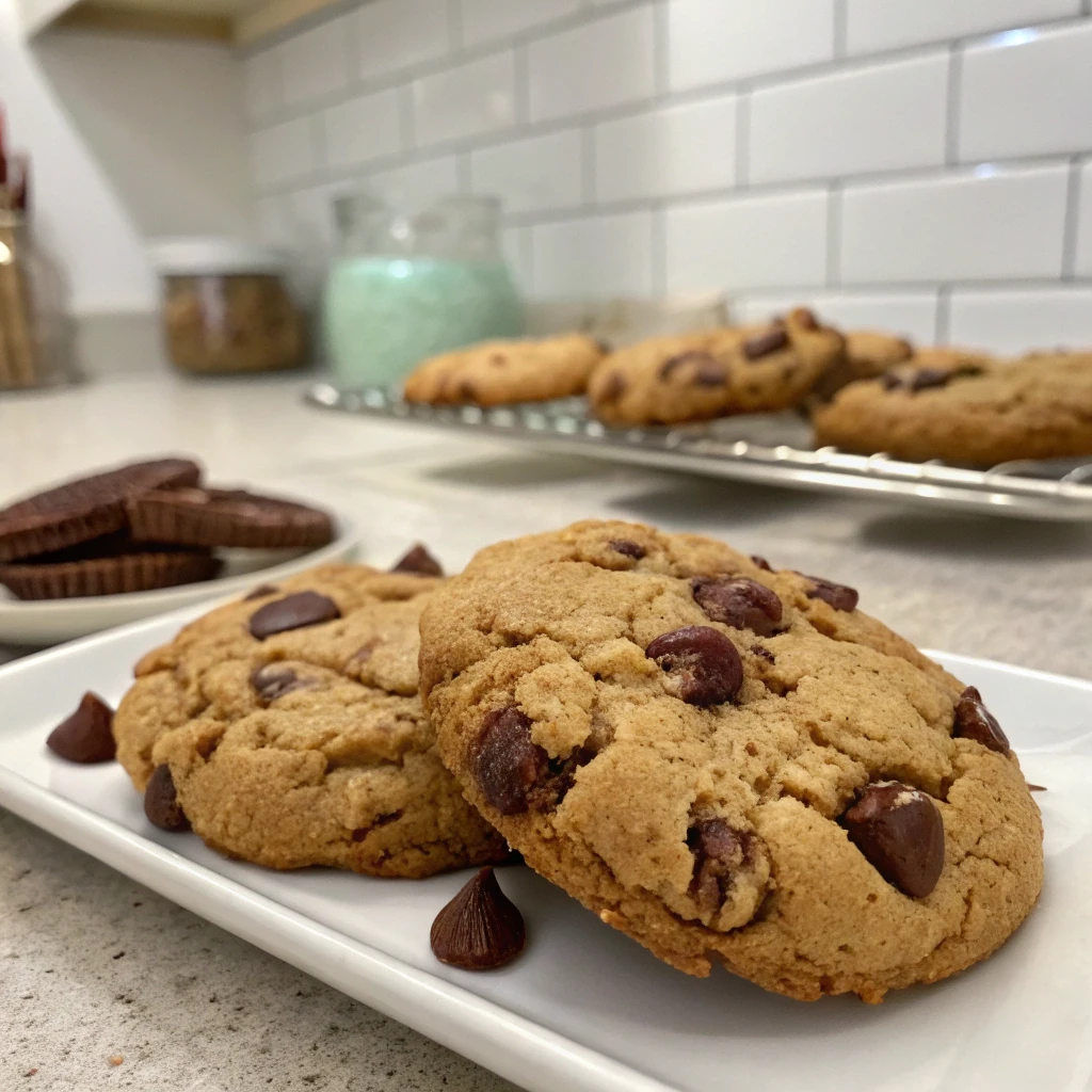 Double almond chocolate chip cookies on a white plate with more cookies in the background.